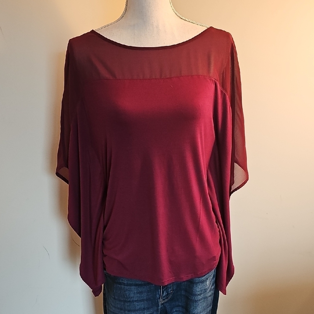 White House Black Market Burgundy Sheer Sleeve Blouse